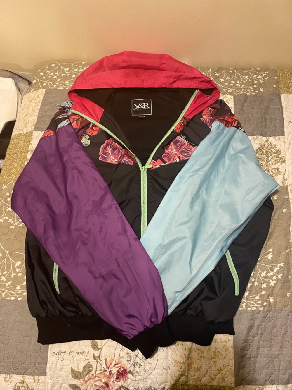 W&R Colorblock Floral Windbreaker Jacket - Black with Purple & Light Blue